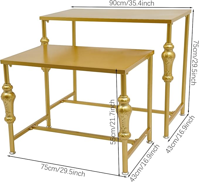 Industrial Retail Display Tables, Set of 2 Standing Clothing Shoes Display Rack Boutique Display Table Storage Shelves for Retail Store, Hotel, office. (Gold)