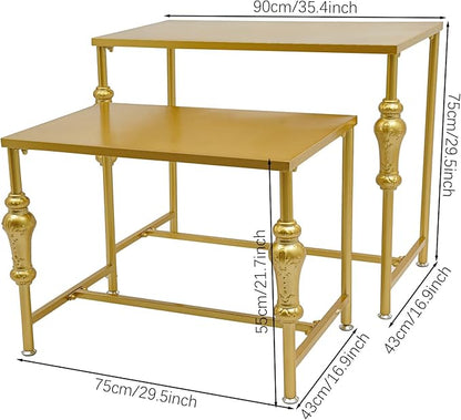 Industrial Retail Display Tables, Set of 2 Standing Clothing Shoes Display Rack Boutique Display Table Storage Shelves for Retail Store, Hotel, office. (Gold)