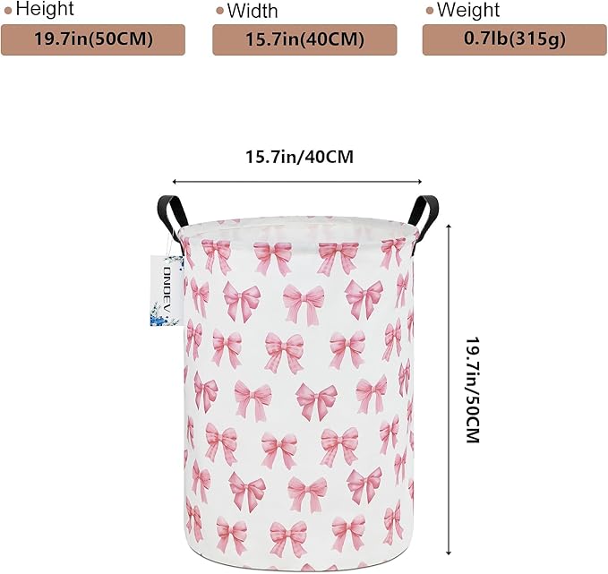 Kids Laundry Hamper,Pink Bow Themed Laundry Basket for Girls,Cute Coquette Aesthetic Collapsible Fabric Organizer with Handles for Bedroom Nursery Playroom
