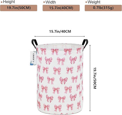 Kids Laundry Hamper,Pink Bow Themed Laundry Basket for Girls,Cute Coquette Aesthetic Collapsible Fabric Organizer with Handles for Bedroom Nursery Playroom