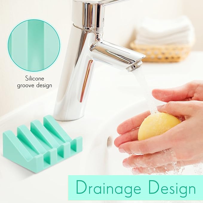 Cunhill 2 Pieces Silicone Soap Dish Self Draining Soap Dish Shower Waterfall Bar Soap Holder Tray with Drain Soap Saver for Kitchen Bathroom Accessories (Turquoise)
