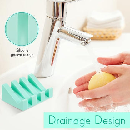 Cunhill 2 Pieces Silicone Soap Dish Self Draining Soap Dish Shower Waterfall Bar Soap Holder Tray with Drain Soap Saver for Kitchen Bathroom Accessories (Turquoise)