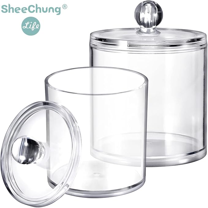 SheeChung Qtip Dispenser Holder Bathroom Vanity Organizer Apothecary Jars Canister Set for Cotton Ball，2 Pack,15 Oz. & 20 Oz.&Vintage Farmhouse Decor Metal Vanity Tray(Black，2 Pack)