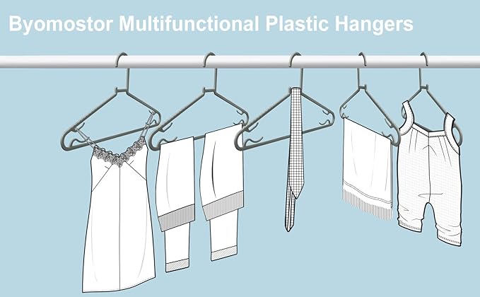 Byomostor Plastic Hangers 50 Pack, Light Weight Durable Clothes Hangers with Hooks Standard Size G-Shape&Non-Slip Coat Hangers for Everyday Use (Grey)