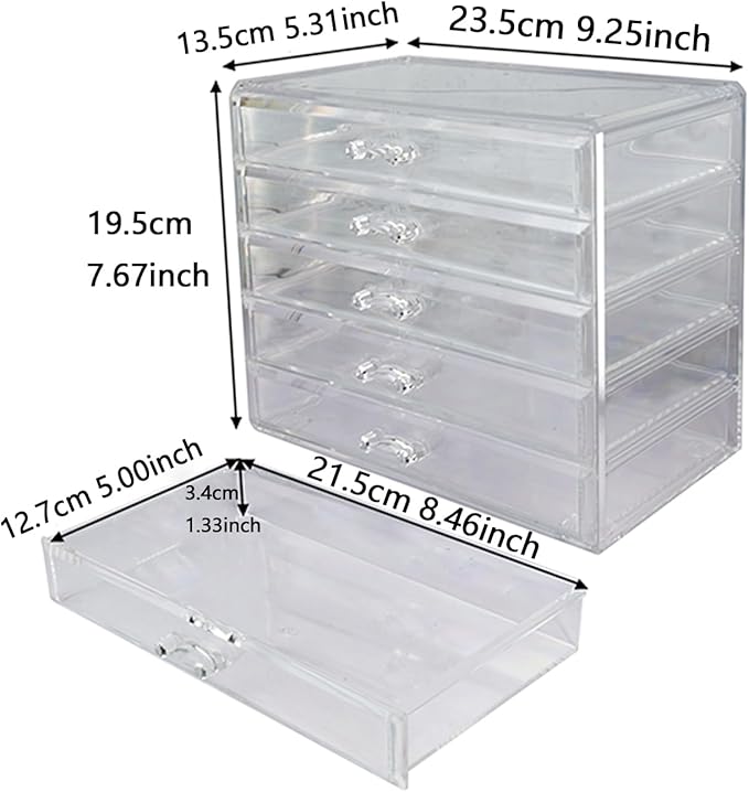 5 Tier Nail Art Decoration Storage Box，Acrylic Make Up&Jewelry Organizer with Drawers, Cosmetic Storage for Dresser Countertop and Bathroom，Transparent Acrylic Nail Art Jewelry Accessories
