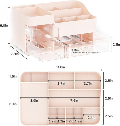 SuoXing Pink Makeup Organizer for Vanity,Large Plastic Skincare Organizers With Drawers,Bathroom Counter Organizer Cosmetic Storage for Dresser Top Skin Care,Lotion,Beauty Products and Brush Holder