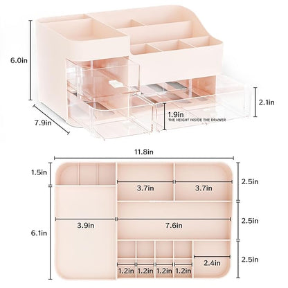 Pink Make up Organizers for Vanity with 3 Drawers,Large Skincare Organizers for Countertop,Desk,Dresser,Plastic Bathroom Counter Organizer for Eyeshadow Palettes,Perfume,Make up Brush Organization