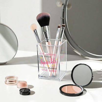 She Leaves A Little Sparkle Wherever She Goes Acrylic Makeup Brush Organizer Holder, Girl Power Vanity Desk Organizer Accessories for Office Decor, Inspirational Gifts for Women Daughter Sister