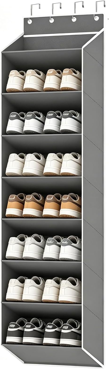 Over the Door Shoe Organizer,Hanging Shoe Storage for Closet, 8-Tier Door Shoes Rack, Handing Shoes Holder Fit All the Family's Sneakers, Boots, Heels (Gray)