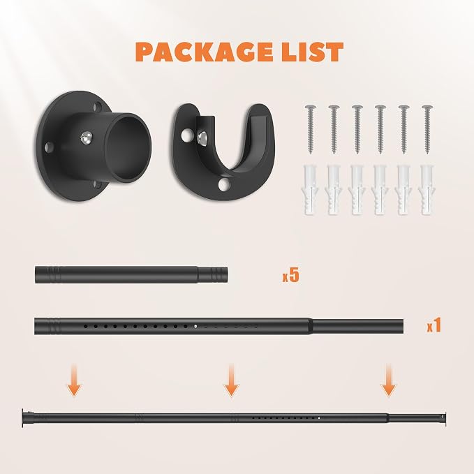 Long Closet Rod 17-87 Inches, Adjustable Heavy Duty Black Metal Closet Rods for Hanging Clothes, 1.3 Inch Diameter with Wall Brackets for Wardrobes, Laundry Room