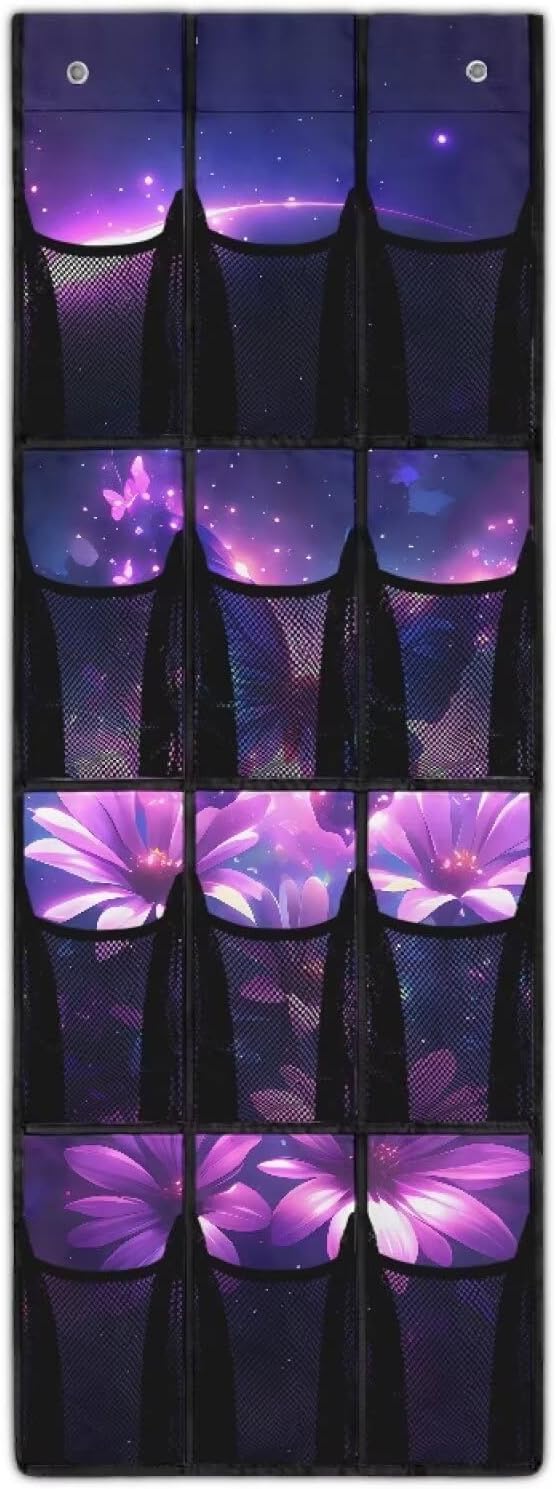 Hanging Storage Shoe Organizer for Closet 12 Mesh Pockets Over The Door Wall Closet Holder for Sundries Clothes Boots Toys,Purple Butterfly