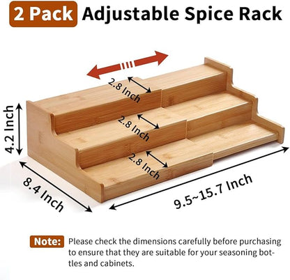JinDoWin 2 Pack Bamboo Spice Organization for Cabinet, Cabinet Spice Organizer, 3-Tier Spice Rack Organizer for Cabinet, Kitchen Seasoning Organizer & Seasoning Rack