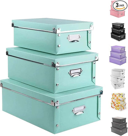 XUCHUN 3 Pack/Set Plastic Storage Box with Lid,Waterproof Collapsible Storage Bins for Shoes/Clothes/Office Teal Color