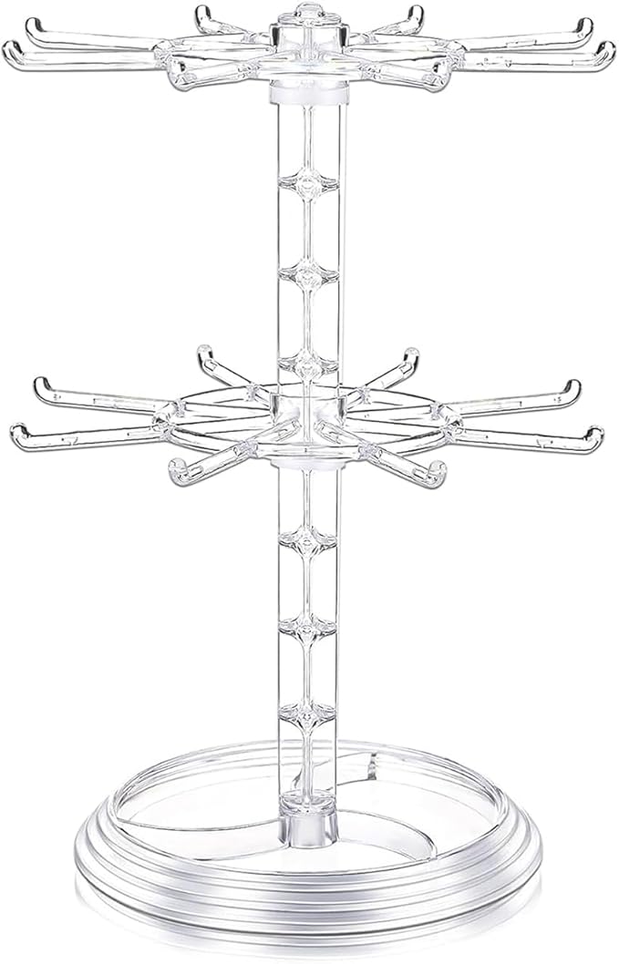 Rotating Jewelry Stand, 2 Tier Necklace Holder Bracelet Hanging Organizer Keychain Jewelry Display Stand Plastic Jewelry Rack for Malls Counter Dressing Table (Clear)
