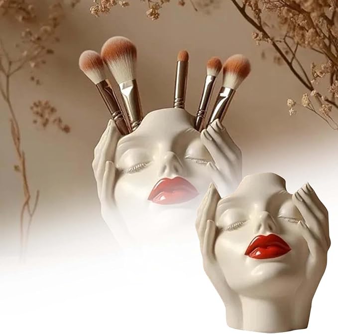 Women's Head Shape Boho Feminist Decoration, Minimalist Statue Storage Decor Face Makeup Brush Holder, Modern Statue Storage Makeup for Table Shelf Living Room Office (Beige 6.30 * 4.72 * 3.15in)