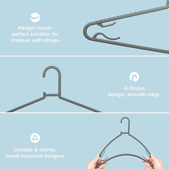 Byomostor Plastic Hangers 50 Pack, Light Weight Durable Clothes Hangers with Hooks Standard Size G-Shape&Non-Slip Coat Hangers for Everyday Use (Grey)