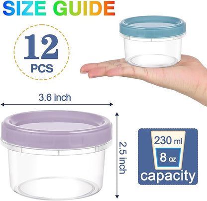 Yomarket 12pcs 8 oz Plastic Containers with Screw Lids, Reusable Clear Food Storage Containers with Pen and Brush for Snack Salad Fruit, Leakproof Small Freezer Containers, Microwave & Dishwasher Safe