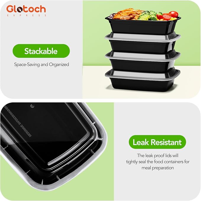 Glotoch 16oz 10-Pack Meal Prep Containers with Lids Reusable, plastic food storage containers sturdy leakproof, Microwave/freezer/dishwasher safe to go food containers, Black