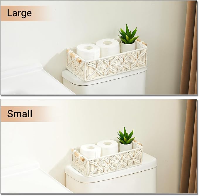 Nonam Macrame Storage Baskets, Boho Decor Style Woven Storage Boxes for Home Organization, Toilet Tank Shelf Cabinet Organizer Baskets,Set of 2 - White