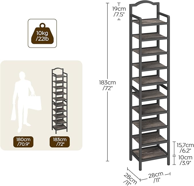 YATINEY 10-Tier Tall Shoe Rack, Vertical Shoe Organizer for Small Spaces, Wooden Shoe Shelf for Entryway, Space Saving Shoe Storage, Holds 10 Pairs of Shoes, Charcoal Gray and Black SS50BC