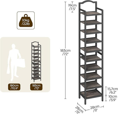 YATINEY 10-Tier Tall Shoe Rack, Vertical Shoe Organizer for Small Spaces, Wooden Shoe Shelf for Entryway, Space Saving Shoe Storage, Holds 10 Pairs of Shoes, Charcoal Gray and Black SS50BC