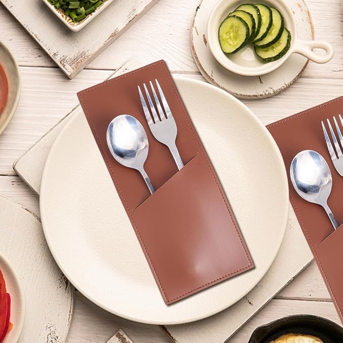 2PCS PU Leather Knife and Fork Sleeves Utensils Holder Pouch Bags Vintage Cutlery Sleeves Brown Leather Rustic Flatware Tableware Storage Place Set Organizer for Home Kitchen Table