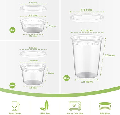 AOZITA 24 Sets Plastic Deli Food Containers With Lids, 8 oz 16oz 32oz Variety pack, Airtight Food Storage Containers, Freezer/Dishwasher/Microwave Safe, Soup Containers For Takeout Food Storage