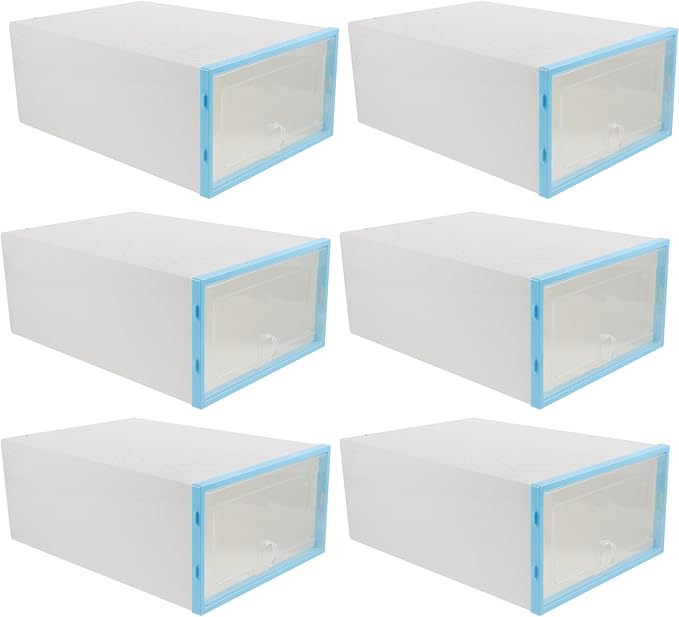 MAGICLULU 6pcs Stackable Shoe Boxes with Blue Frame Thickened Plastic Shoe Storage Containers for Women Closet Organization
