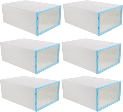 MAGICLULU 6pcs Stackable Shoe Boxes with Blue Frame Thickened Plastic Shoe Storage Containers for Women Closet Organization