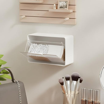 Qtip Holder, Wall Mount Qtip Holder Organizer for Bathroom Cotton Swabs, Balls, Cosmetic Cotton Pads, Dental Floss Storage - White