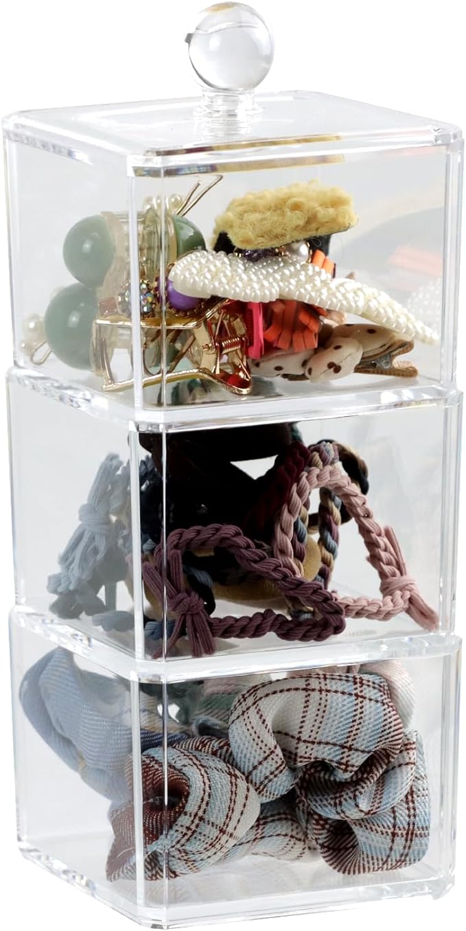 Clear Bathroom Dresser Organizer 3 Compartment with 1 Lid, Transparent Hair Accessories Organizer, Cotton Ball and Swab Holder, Small Plastic Storage Containers Vanity Makeup Organization (Clear Lid)