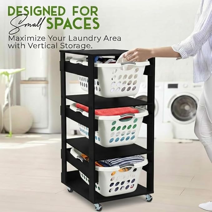 Laundry Basket Holder Shelf – Stackable Engineered Wood Laundry Tower, Tiered Hamper Organizer for Bathroom, Bedroom, Closet (Black, 3 Tier)