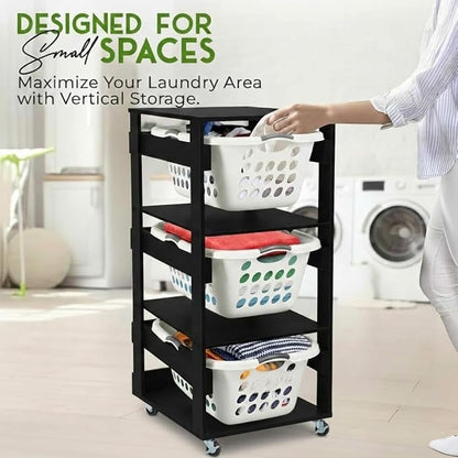 Laundry Basket Holder Shelf – Stackable Engineered Wood Laundry Tower, Tiered Hamper Organizer for Bathroom, Bedroom, Closet (Black, 3 Tier)