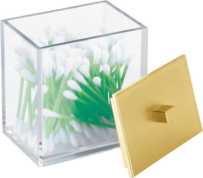 mDesign Plastic Rectangle Apothecary Canister - Organizer for Bathroom Vanity Countertop Shelf Decor - Holds Cotton Swabs, Soap, Makeup, Bath Salts - Lumiere Collection - 2 Pack - Clear/Gold