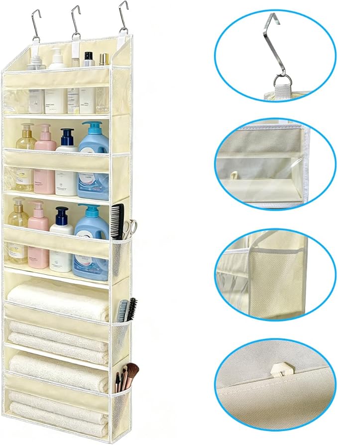 Over Door Organizer, 5 Layers Door Organizer Hanging with 10 Mesh Side Pockets and Clear Window for RV, Kitchen, Bedroom, Bathroom, Beige