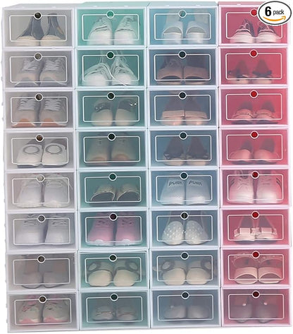 Amosfun 6pcs Stackable Shoe Container Thicken Plastic Storage Box for Organizing Shoes Closet Entryway under Bed Large Blue
