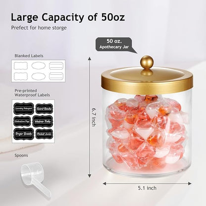 SheeChung 4 Pack 50 Ounce Large Clear Apothecary Jar with Gold Rust-Proof Lid - Shatterproof Plastic Storage Canister - Modern Luxury Bathroom Vanity & Laundry Room Organizer for Pods, Bath Salts
