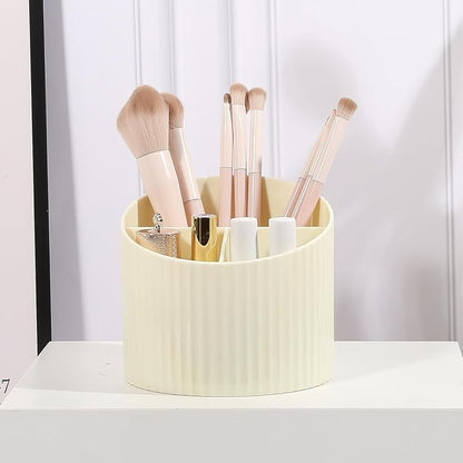 DASITON 3 Slots Makeup Brush Holder, Acrylic Makeup Brush Cup, Vintage Striped Make Up Brush Holder for Vanity Decor, Bathroom Countertops, Desk Storage Container, Cosmetic Display Cases (Cream)