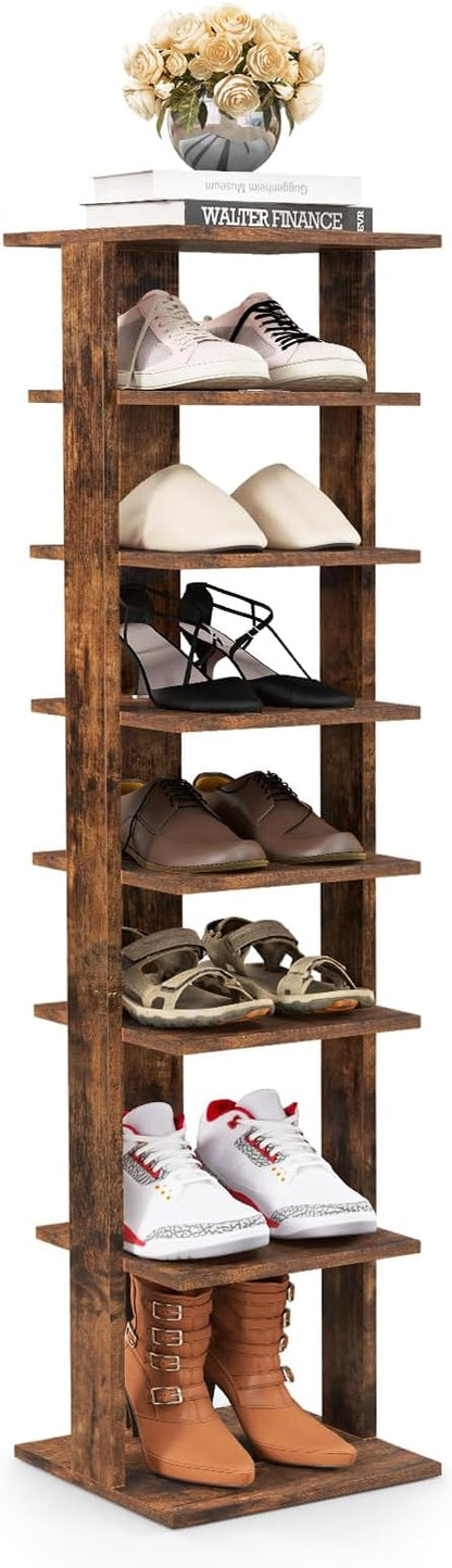 BETTARY 8 Tier Vertical Shoe Rack, Narrow Wooden Corner Shoe Organizer for Small Spaces, Removable Shelves, Anti-toppling Device, Shoe Tower for Entryway, Closet, Bedroom (Rustic Brown, Single Row)