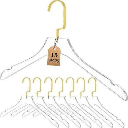 Besser Acrylic Clear Hangers 15 Pack,Acrylic Hanger Premium Quality Crystal Clear Hangers with Gold Hooks Luxury Dress Suit Hangers（Gold Hook）