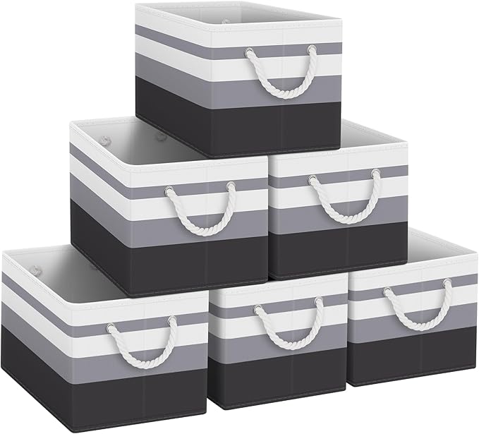 Fab totes Storage Bins 6-Pack, Foldable Storage Baskets for Organizing Toys, Books, Shelves, Closet, Large Storage Box with Rope Handles, Sturdy Organizer Bins,Gradient Grey