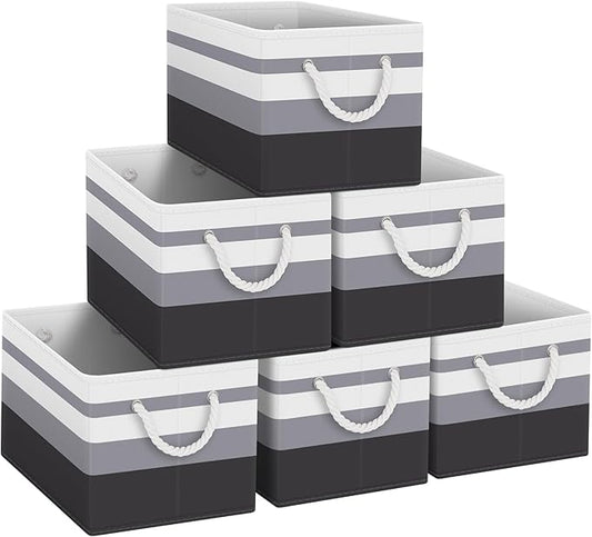Fab totes Storage Bins 6-Pack, Foldable Storage Baskets for Organizing Toys, Books, Shelves, Closet, Large Storage Box with Rope Handles, Sturdy Organizer Bins,Gradient Grey