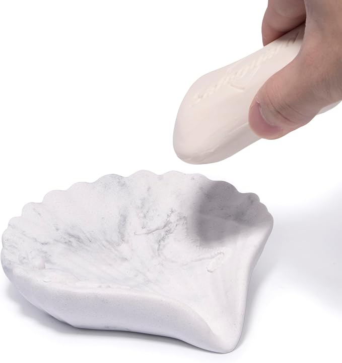 ZAWUU Resin Draining Seashell Soap Dish with Embossed Design – Bar Soap Holder for Bathroom & Kitchen, Multiuse Jewelry Tray (White Marble, Seahorse)