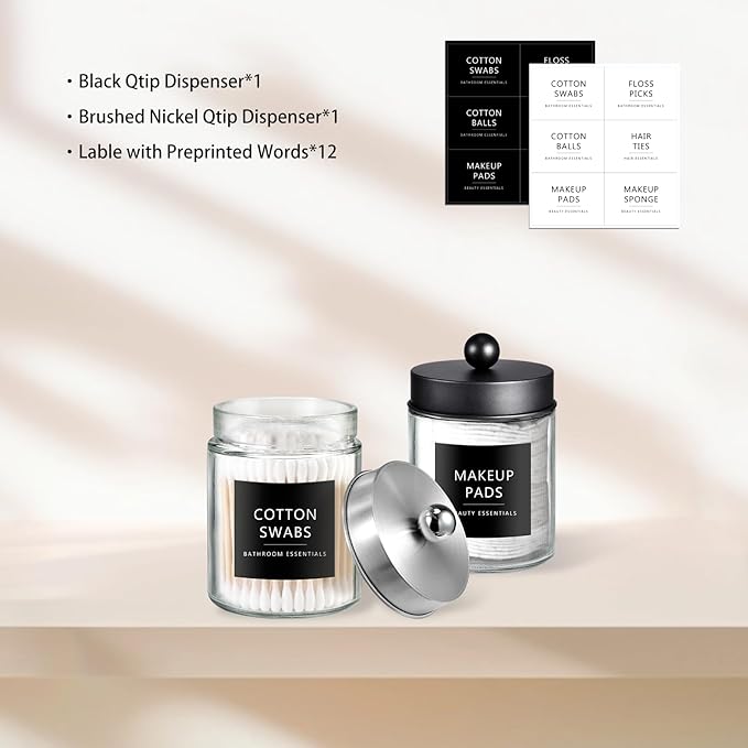 SheeChung 2-Pack Qtip Holder Dispenser - Glass Apothecary Jars with Rust-Proof Stainless Steel Lids - Modern Farmhouse Bathroom Vanity Organizer for Cotton Swabs, Balls, Pads(Black&Brushed Nickel)