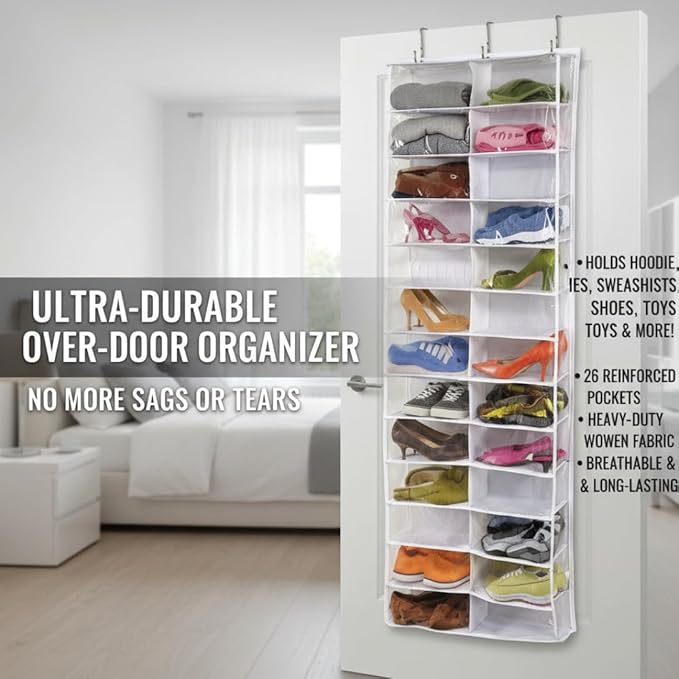 Over the Door Sweatshirt Organizer Hanging Clear Door Shoe Organizer with 26 Pocket Foldable Heavy Duty Toy Storage