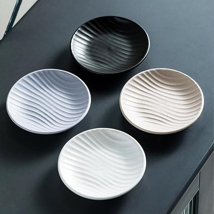 Chic Round Soap Dish, Modern Minimalist Striped Design Ceramic Tray(White)