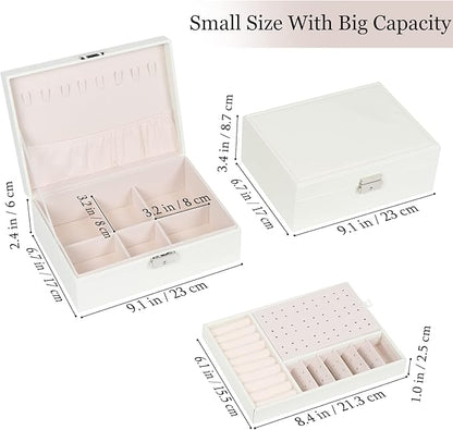 Jewelry Box for Women Girls, 2 Layers Jewelry Organizer Container with Lock, PU Leather Storage Case with Removable Tray, Jewelry Display Box for Necklaces Earrings Bracelets Rings Watches - White