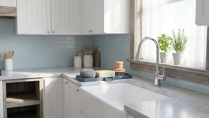 Silicone Soap Dish Tray and Sponge Holder with Drain Chute, Rectangular, Kitchen and Bathroom Sink Organizer (Smoky Blue, 12"x4")