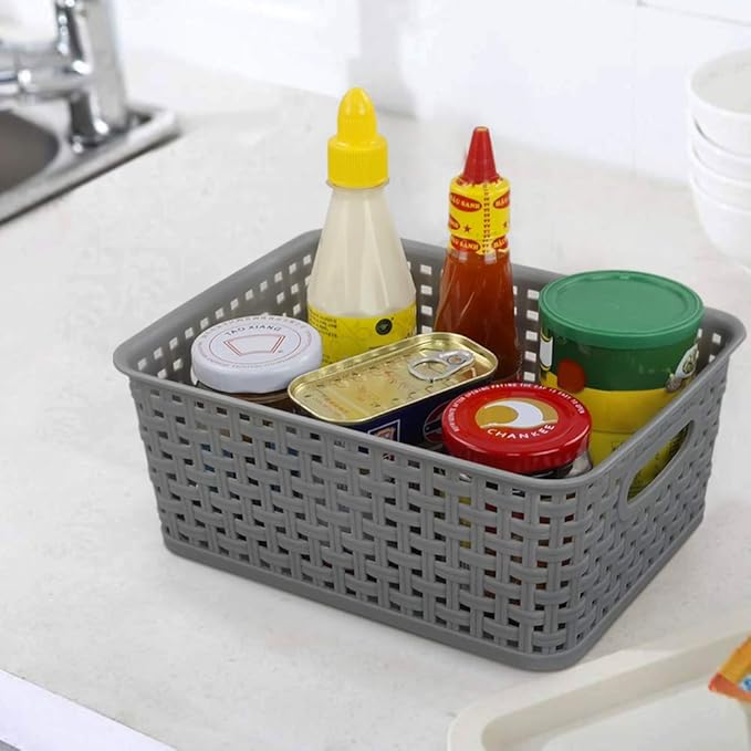 Sandmovie Grey Plastic Rattan Storage Baskets, 6 Packs