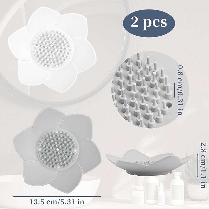 2 Pack Lotus Shower Steamer Trays, Silicone Soap Holder with Self Draining - Elegant White & Gray Lotus Flower Shape Soap Dish, Perfect for Bathroom Counter, Kitchen Sink, Shower Organizer
